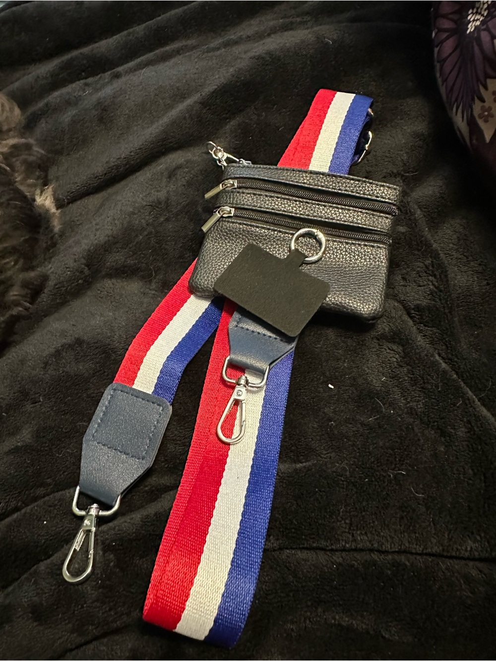 Black Leather Crossbody Pouch with Red-White-Blue Strap
